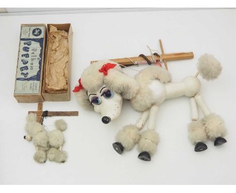 A large 24" PELHAM PUPPET display white poodle (unboxed) together with a boxed grey poodle (blue label box) - G in F/G box wh
