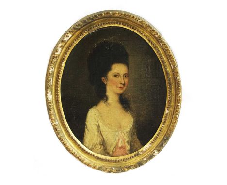 English School, 18th centuryPortrait of a lady in a cream and pink dress, head and shoulders, her dark hair in ringletsOil on