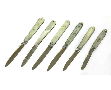 Six silver and mother-of-pearl folding fruit knives,the first, with lion passant and duty marks (only) the blade with present