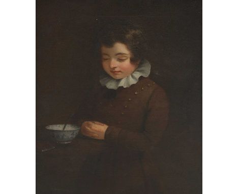 French School, late 18th centuryPortrait of a young boy, in a brown coat and white lace ruff, his hands folded, a Chinese bow