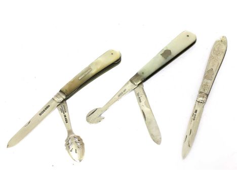 Three silver and mother-of-pearl combination folding fruit knives,the first with nutpick and with engraved handles.by M..B..,