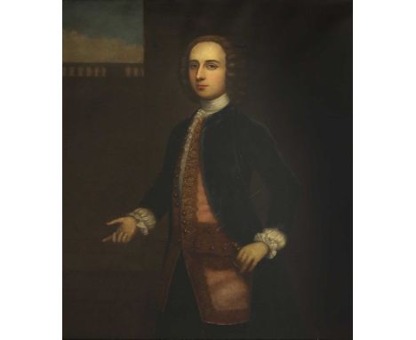 English School, c.1740 Portrait of a gentleman, three-quarter length, wearing a blue coat and a pink embroidered waistcoatOil
