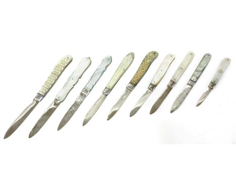 Nine silver and mother-of-pearl folding fruit knives,the first, with engraved blade and handles.by Samuel Roberts (possibly),