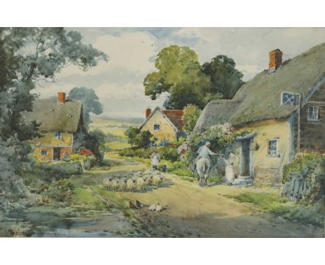 *Henry John Sylvester Stannard (1870-1951)A village scene with a shepherd driving his flockSigned l.l., watercolour35.5 x 51.