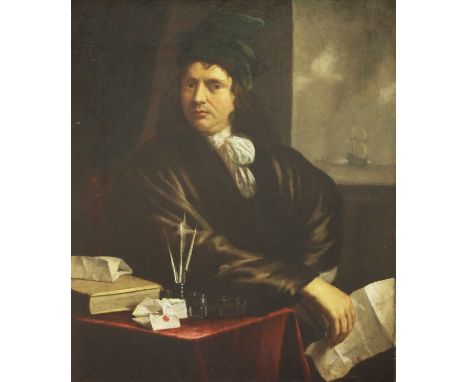 Dutch School, 17th centuryPortrait of a gentleman, half length, seated at a table holding a letter, a Man-o-War seen in the d