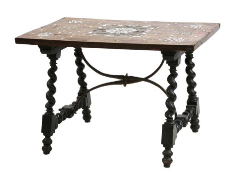 An Indo-Portuguese-style occasional table, 19th century, the rectangular top with a central bone and ivory starburst cartouch