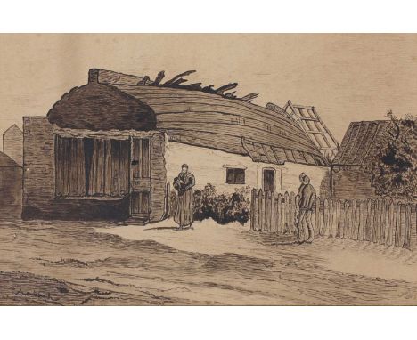 Attributed to John Vincent Stephens (19th century)Peggoty's boat house, Great YarmouthSigned with initials l.r., pen and ink1