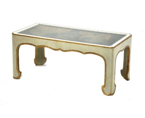A painted and gilt chinoiserie coffee table,20th century, the earlier lacquered panel top decorated with figures, lakes and m