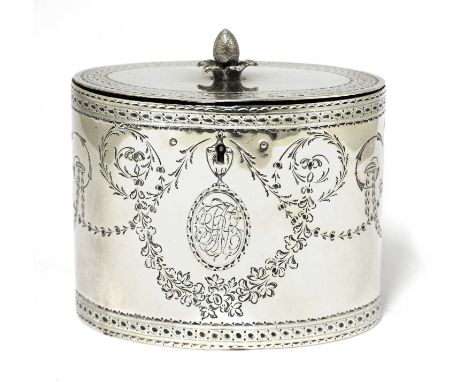 A George III silver oval tea caddy,by Robert Hennell I, London 1780,with a pineapple finial on a locking lid, the sides brigh