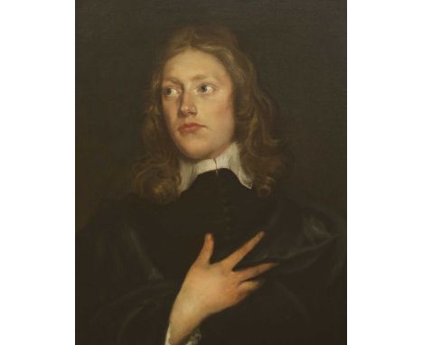 Attributed to William Dobson (1611-1648)Portrait of a boy, head and shoulders, in a black coat and white collar, his hand res