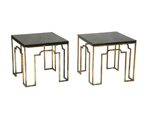 A pair of gilt metal occasional tables,20th century, each with square grey marble tops over square tubular bases,45cm wide45c