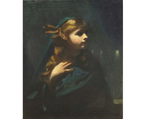 *Frank Owen Salisbury (1874-1962)Portrait of Monica, a young girl with red hair, head and shoulders, in a blue cloak and with
