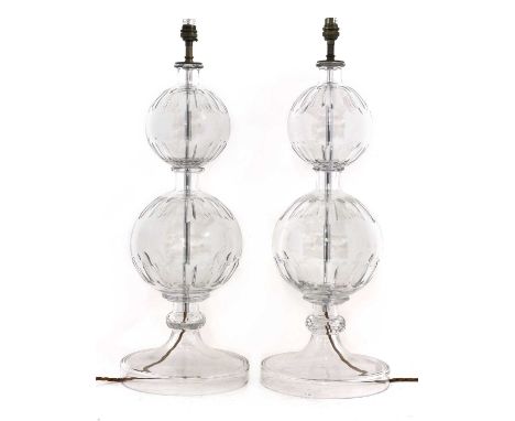 A pair of large glass table lamps,20th century, each with graduated globe bodies and on circular spreading bases,69cm high (2