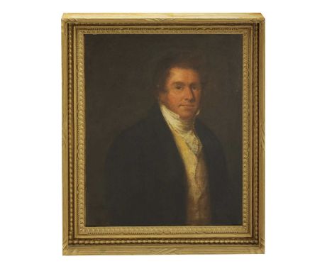 English School, early 19th centuryPortrait of a gentleman, head and shoulders, in a black coat, yellow waistcoat and white st