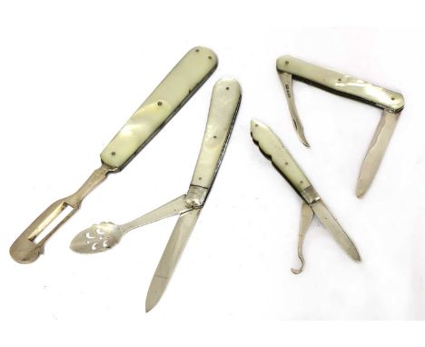 Three silver and mother-of-pearl combination folding fruit knives,the first by William Needham, Sheffield 1902 and 1903,with 