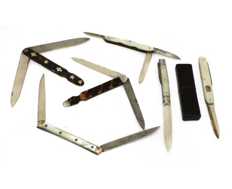 Six folding fruit knives with silver and steel double blades,the first, French of Berge type, with tortoiseshell and mother-o