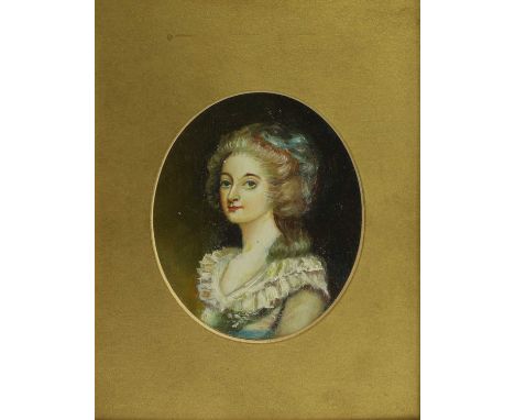 English School, 18th centuryPortrait miniature of a young girl, in a white lace dress with blue sash, her hair powdered and a