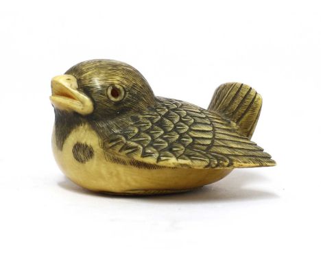 A Japanese Meiji period carved ivory netsuke,of a sparrow chick, bearing a Kanji signature to base,5cm wide