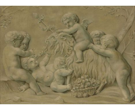 Manner of Piat SauvagePutti playing with a goat;Putti hunting birdsA pair, en grisaille, oil on canvas71 x 96.5cm and 70.5 x 