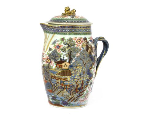 A Chinese porcelain clobbered pitcher, 18th century, of baluster form, the cover with a lion knop, the body with a strapwork 