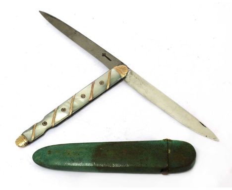 A French gold and mother-of-pearl fruit knife,of Berge type, with silver and steel blades, the steel one stamped with a tride