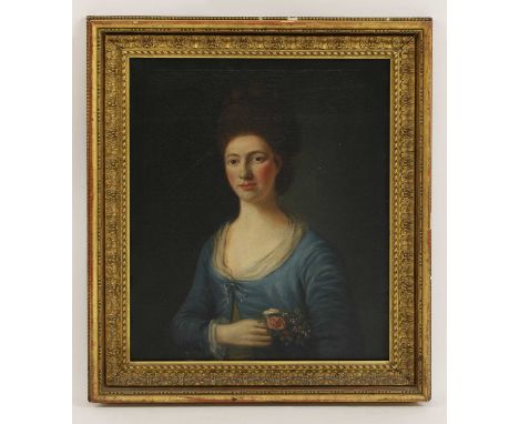 Attributed to Nathaniel Hone, 18th centuryPortrait of Miss Mary Venables of Macclesfield, three-quarter length, in a blue dre