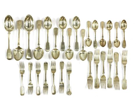 A part set of Victorian silver fiddle pattern cutlery,by Thomas Hart Stone, Exeter 1866,comprising:6 table forks,6 dessert sp