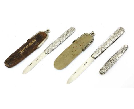 Three silver folding fruit knives,the handles with all-over engraving,the first two by Hilliard &amp; Thomason, Birmingham 18