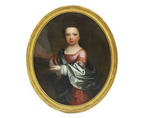 English School, 18th centuryPortrait of a young girl in a red dress and blue cloak, pointing with her handOil on canvas74 x 6