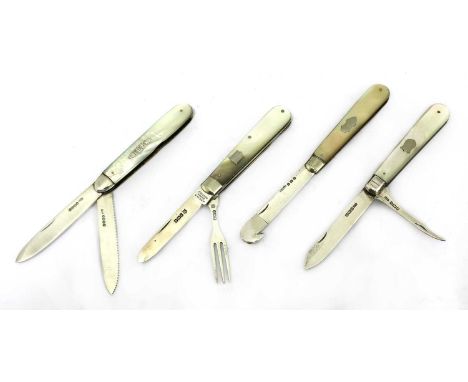 Four silver and mother-of-pearl folding fruit knives,the first, a dividing knife and fork pair, inscribed 'J Deakin &amp; Son