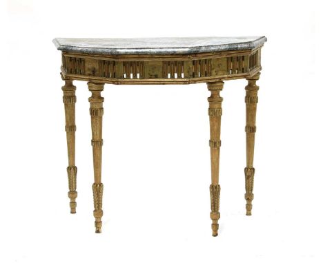 A French giltwood console table,19th century, the grey marble top over pierced frieze and on tapering carved legs,98cm wide48