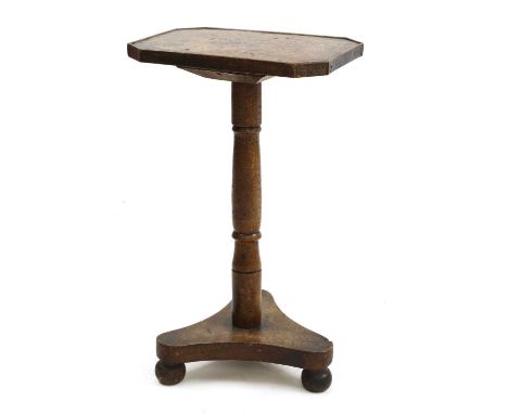 A burr elm occasional table,the 19th century rectangular top with faceted corners, on a turned support and platform base,37cm