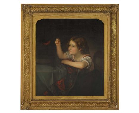 Friedrich Remde (German, 1801-1878)Portrait of the artist's daughter, Marie Remde, aged three, feeding a parrotSigned and dat