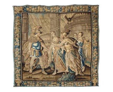 A large Aubusson tapestry, late 17th century, depicting 'Helen fleeing Troy', within a banded foliate border,305 x 280cmProve