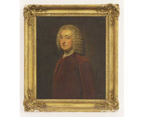 English School, 18th centuryPortrait of a gentleman, head and shoulders, in a full grey wig, white stock and red coatOil on c
