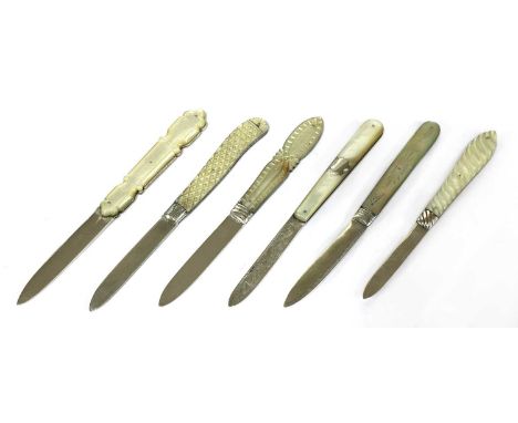 Six silver and mother-of-pearl folding fruit knives,the first, with engraved blade backs and engraved foliate and silver dot 