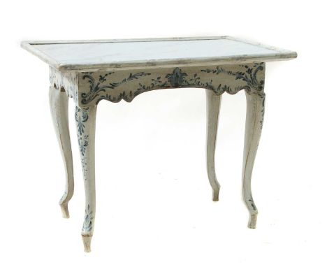 A painted Danish rococo table,mid-18th century, with a faux marble tray top, decorated with blue floral designs, on cabriole 