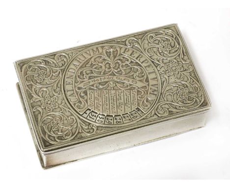 A German silver perpetual calendar snuff box, probably 18th century, with dials to both sides, on scrolling and chased panels
