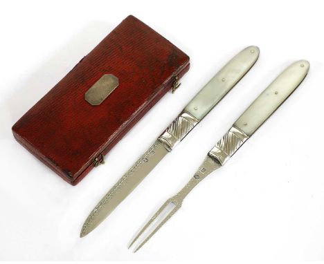 A mother-of-pearl and silver folding fruit knife and fork set,Georgian duty mark and lion passant only, back of blades engrav