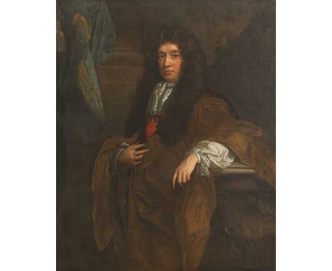 Attributed to John Riley (1646-1691)Portrait of a gentleman in a long brown wig, gold cloak and lace-trimmed shirt, standing,