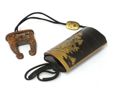 A Japanese Meiji period lacquer five-case inro, with gilt heightened decoration depicting a landscape, bearing a five charact