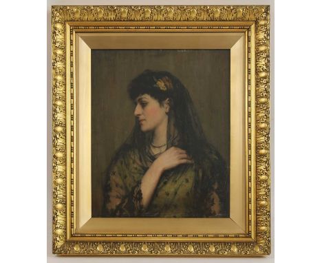 Robert Edward Morrison (1851-1924)Portrait of a lady in a black lace mantilla with yellow flowers in her hairSigned and dated