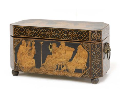 A Regency penwork tea caddy,19th century, with two lidded compartments and a mixing bowl, decorated all-over after Thomas Hop