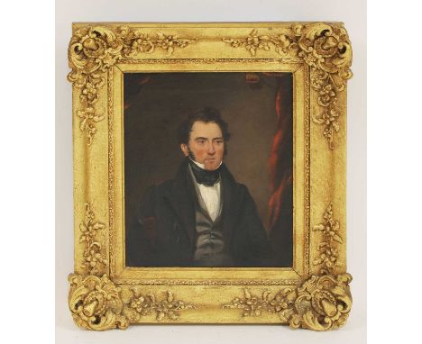 English School, 19th centuryPortrait of a gentleman, head and shoulders, in a black jacket, grey waistcoat and black stock;Po