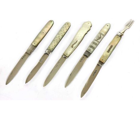 Five silver and mother-of-pearl folding fruit knives,the first, with double struck duty mark for 1797/1798 and lion passant,t