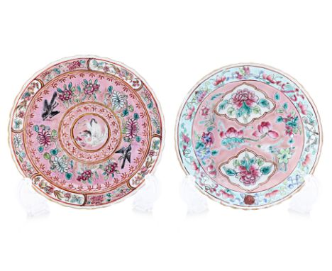 TWO PINK GROUND FAMILLE ROSE SAUCERS
One decorated with central medallion with crane band with magpies and flowers, outer ban