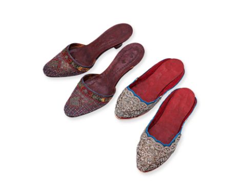 TWO PAIRS OF WEDDING SLIPPERS
Decorated with gold and silver threads, one pair with central quatrefoil panel on geometric bac