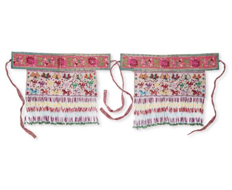 A PAIR OF EMBROIDERY AND BEADWORK HANGING COVERS
Upper rectangular panel of embroidered silk lotus decoration, green fabric b