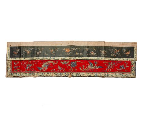 A SILK EMBROIDERED VALANCE
The upper panel decorated with auspicious symbols and floral motifs on a green ground, the lower h