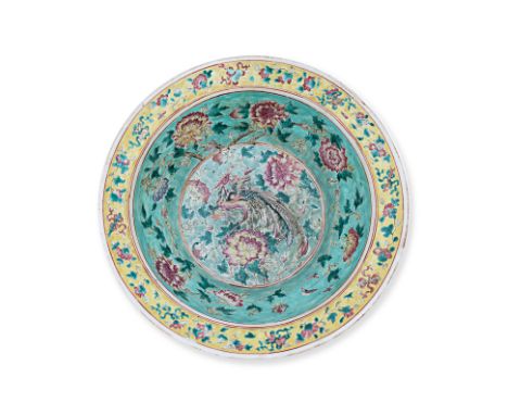 A TURQUOISE GROUND FAMILLE ROSE BASIN
Decorated with a large multi-coloured phoenix to centre, numerous peonies throughout, f